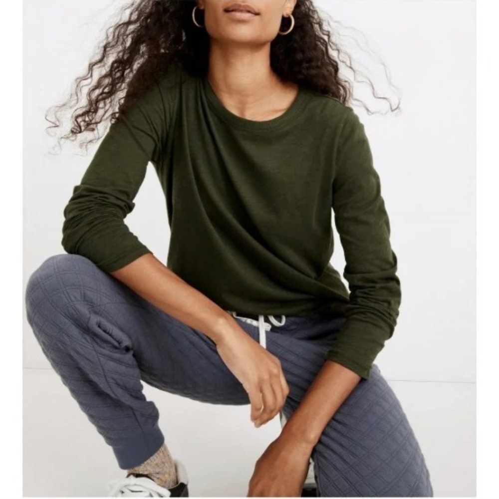 Madewell 100% Cotton Long Sleeve Tee Crewneck Forest / Hunter Green Slub Knit S‎